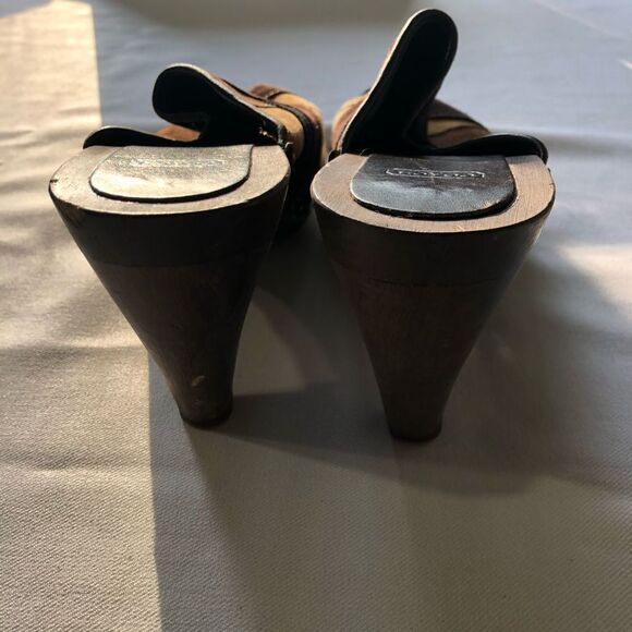 Coach Fallon Women’s 8 Brown Patchwork Suede Wool Mule Heels - Picture 6 of 7
